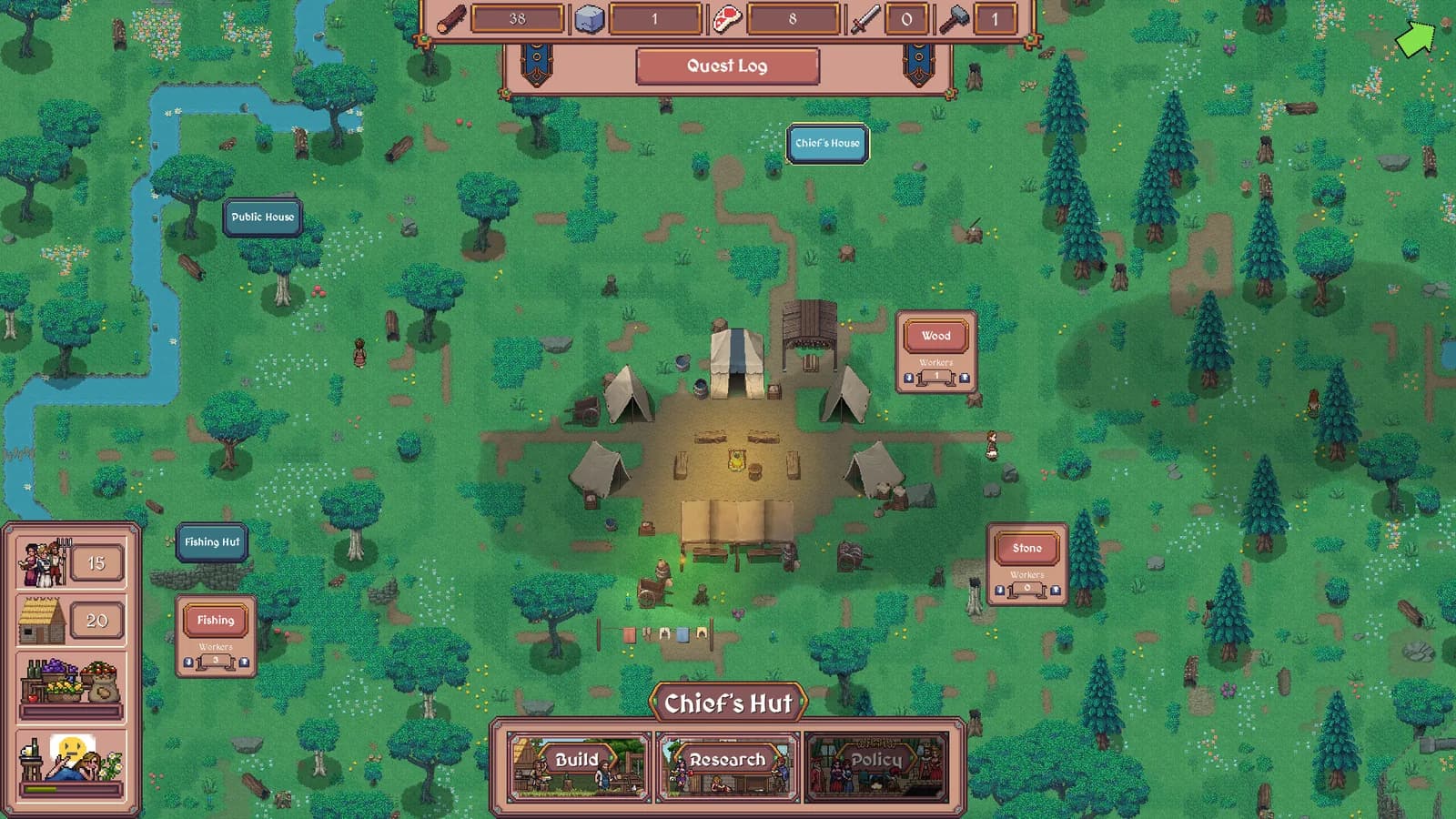 Early Hearth and Hamlet camp with gathering jobs, worker panels, and the Chief's Hut