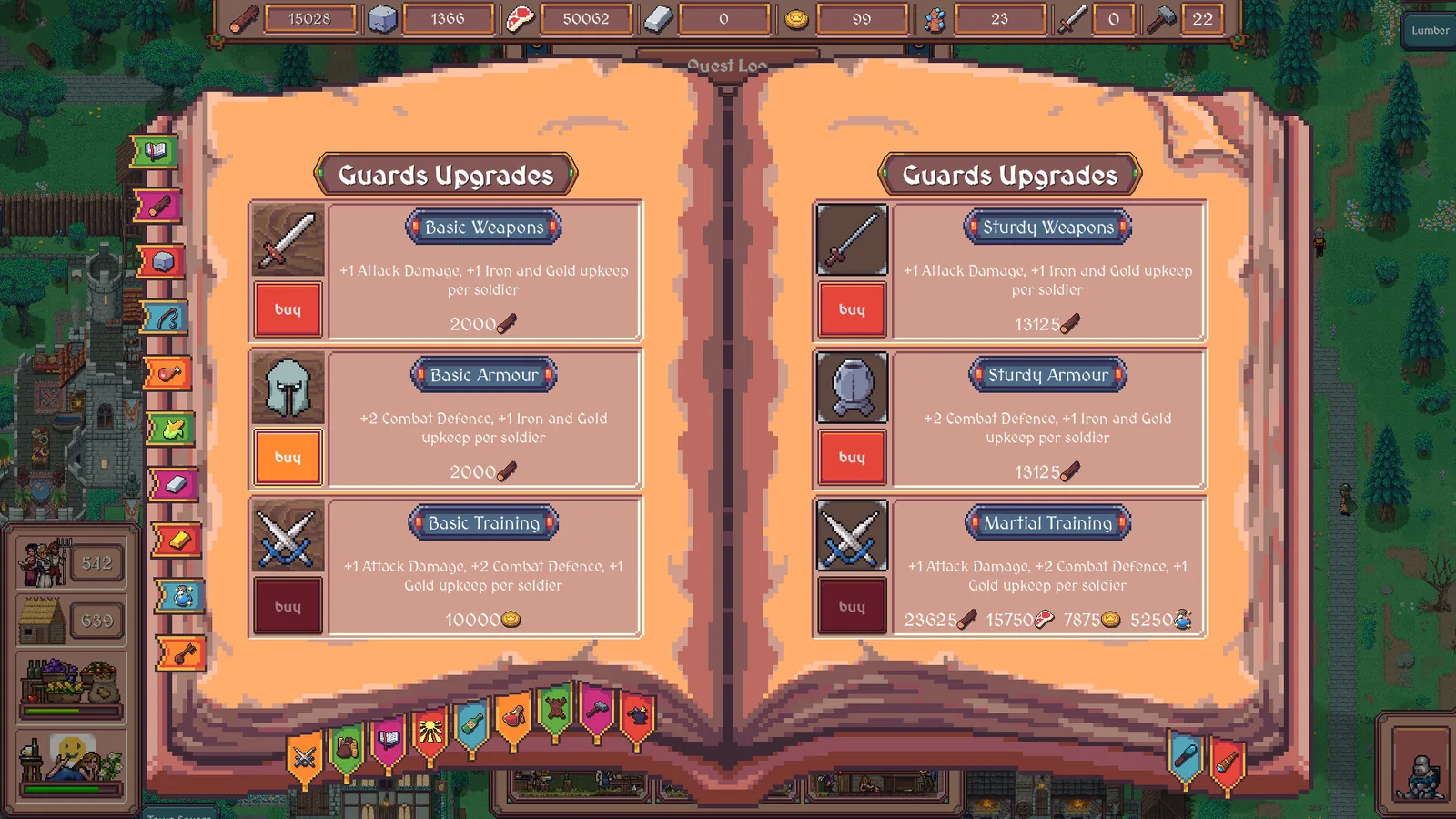 Hearth and Hamlet Guards Upgrades screen showing armour and training research choices