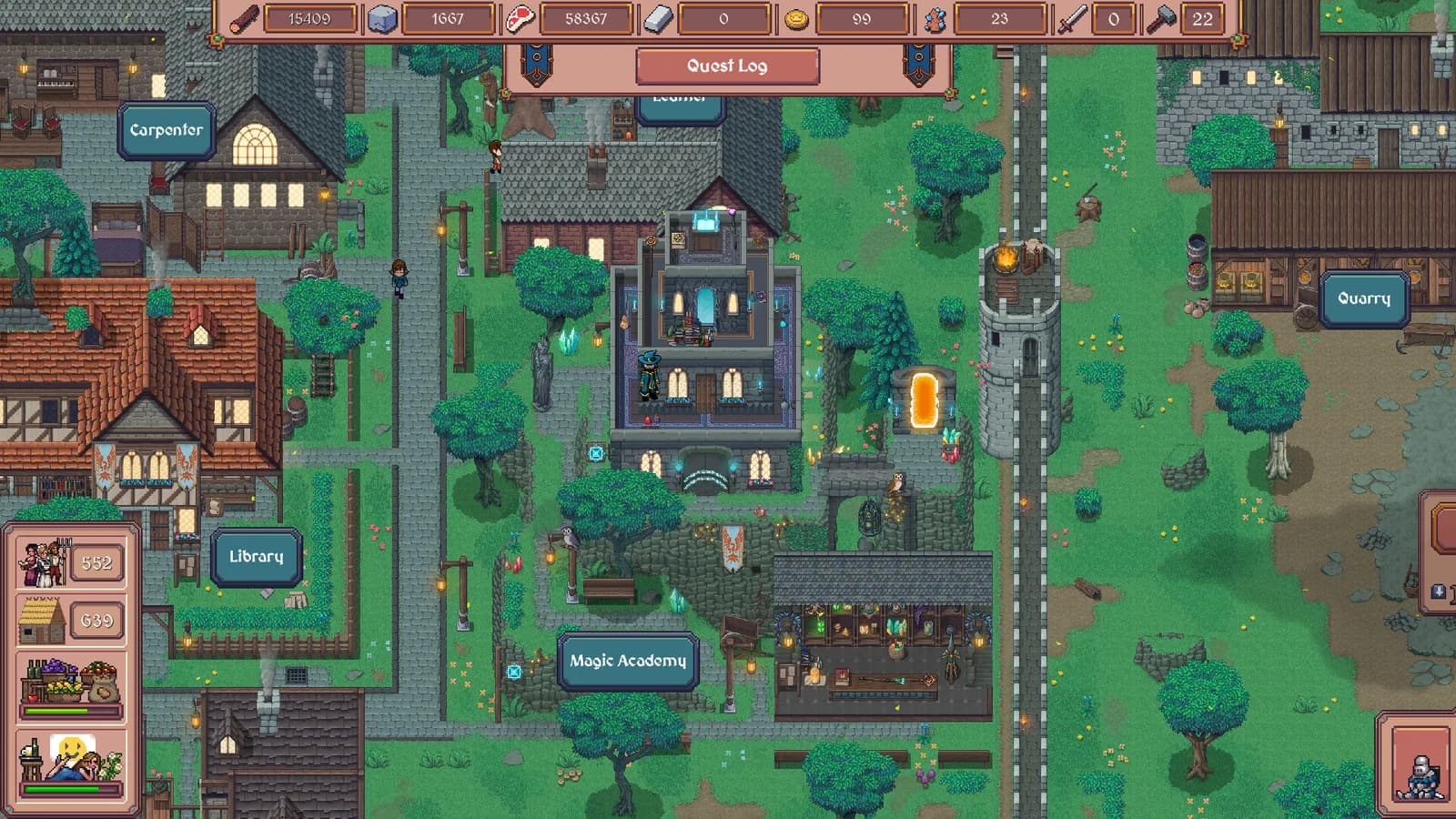 Hearth and Hamlet Magic Academy beside the Library, Carpenter, and Quarry