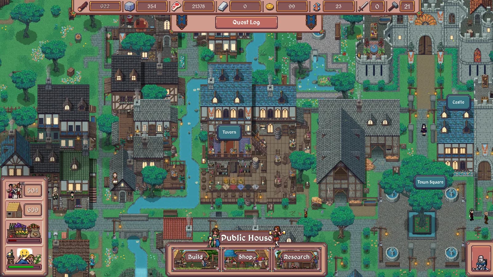 Hearth and Hamlet town center with the resource bar and Public House controls visible