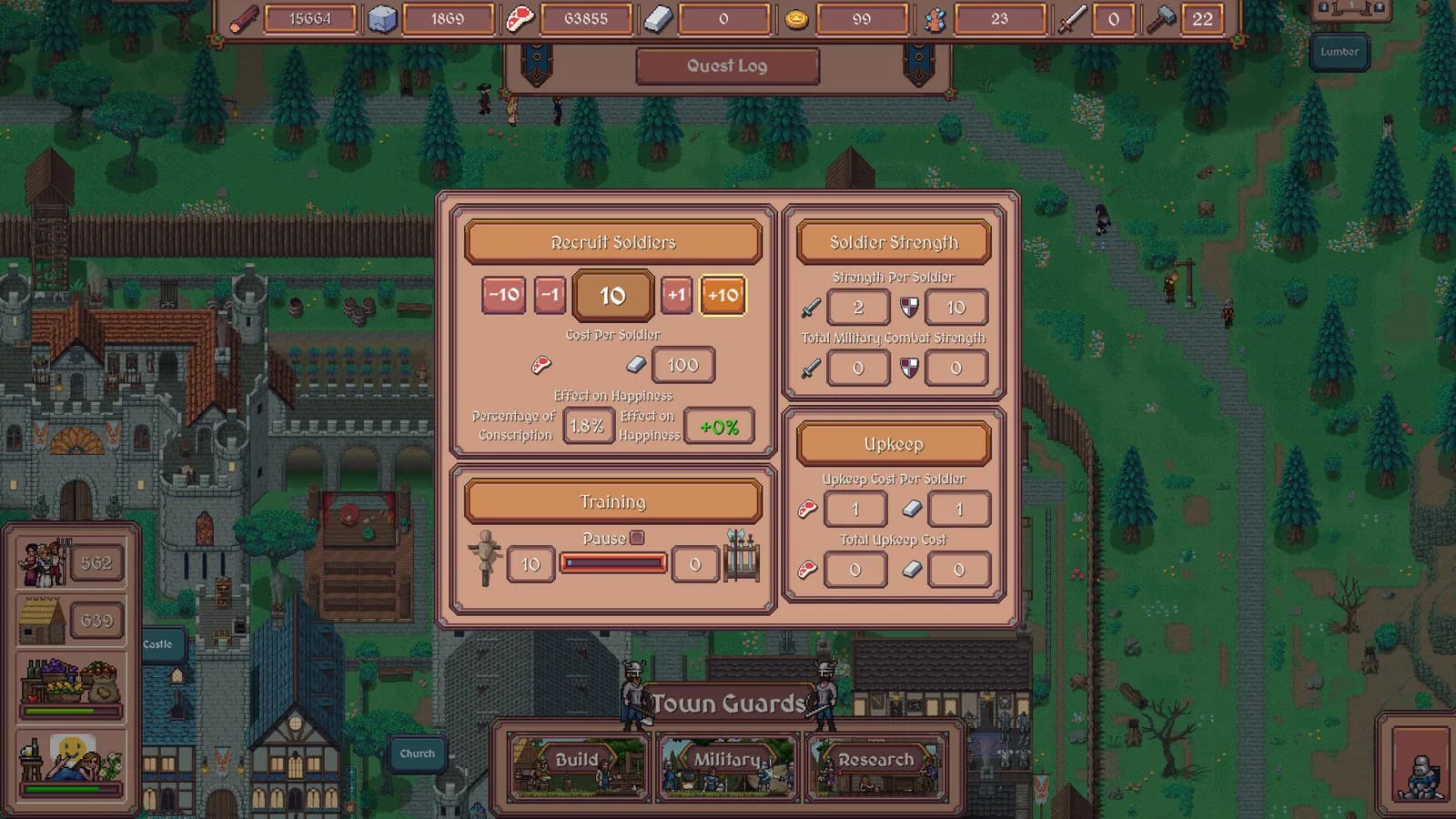 Hearth and Hamlet Town Guards panel showing recruitment, training, armour, and unit strength