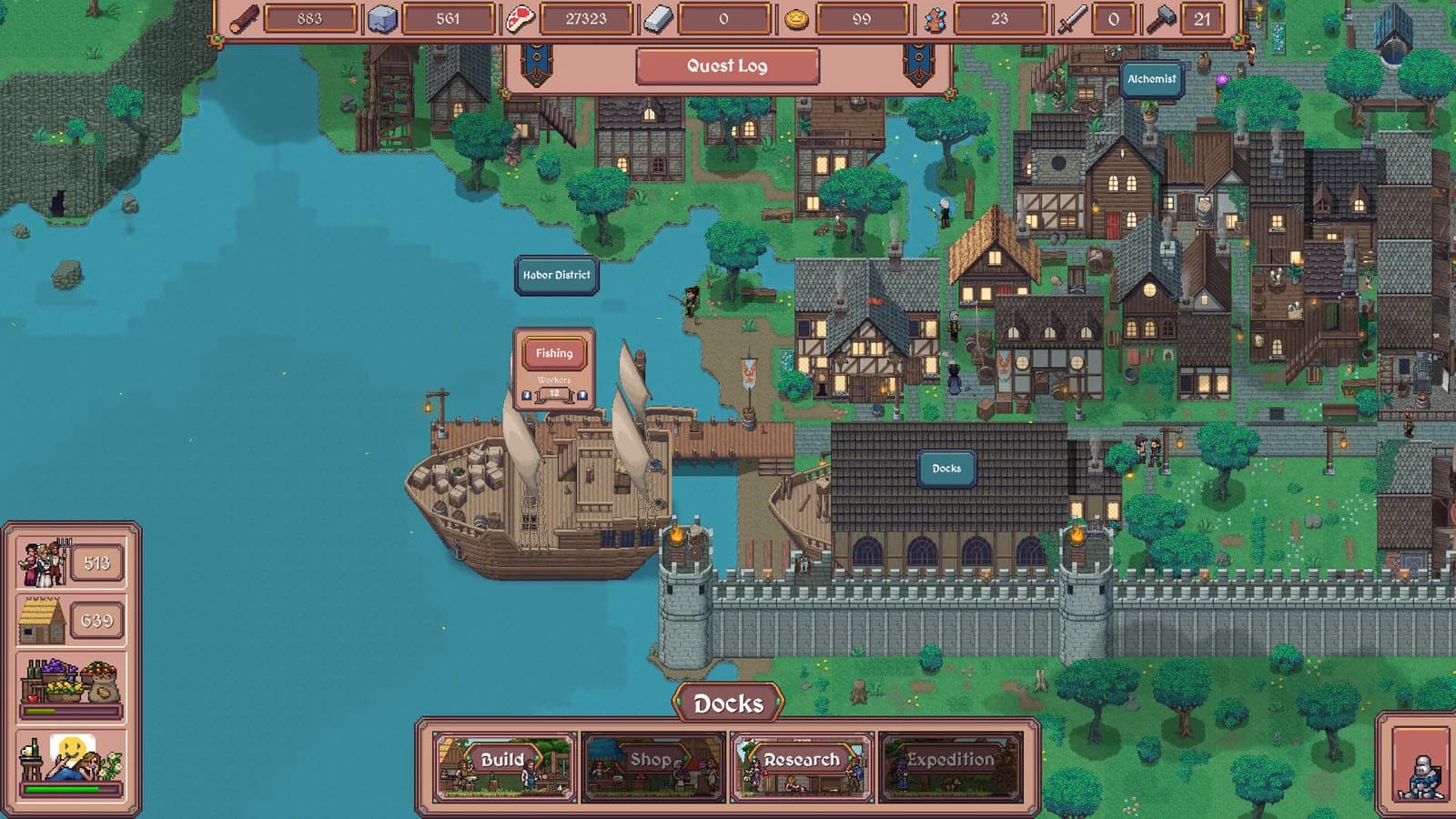 Hearth and Hamlet docks with a ship, fishing work, and the Expedition control
