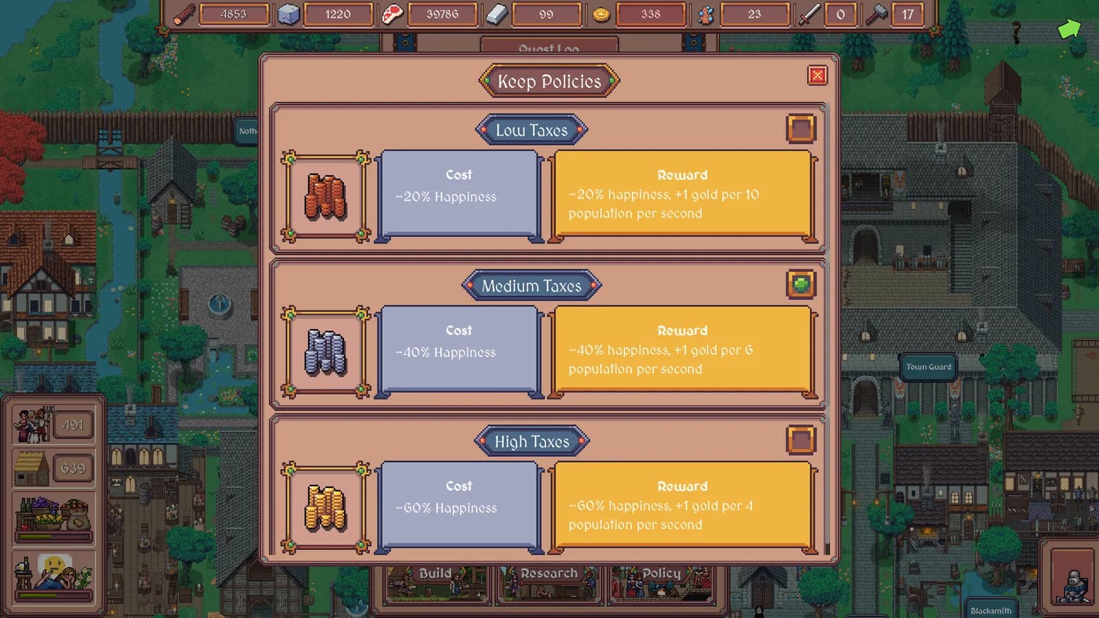 Hearth and Hamlet tax policy screen with low, medium, and high tax choices