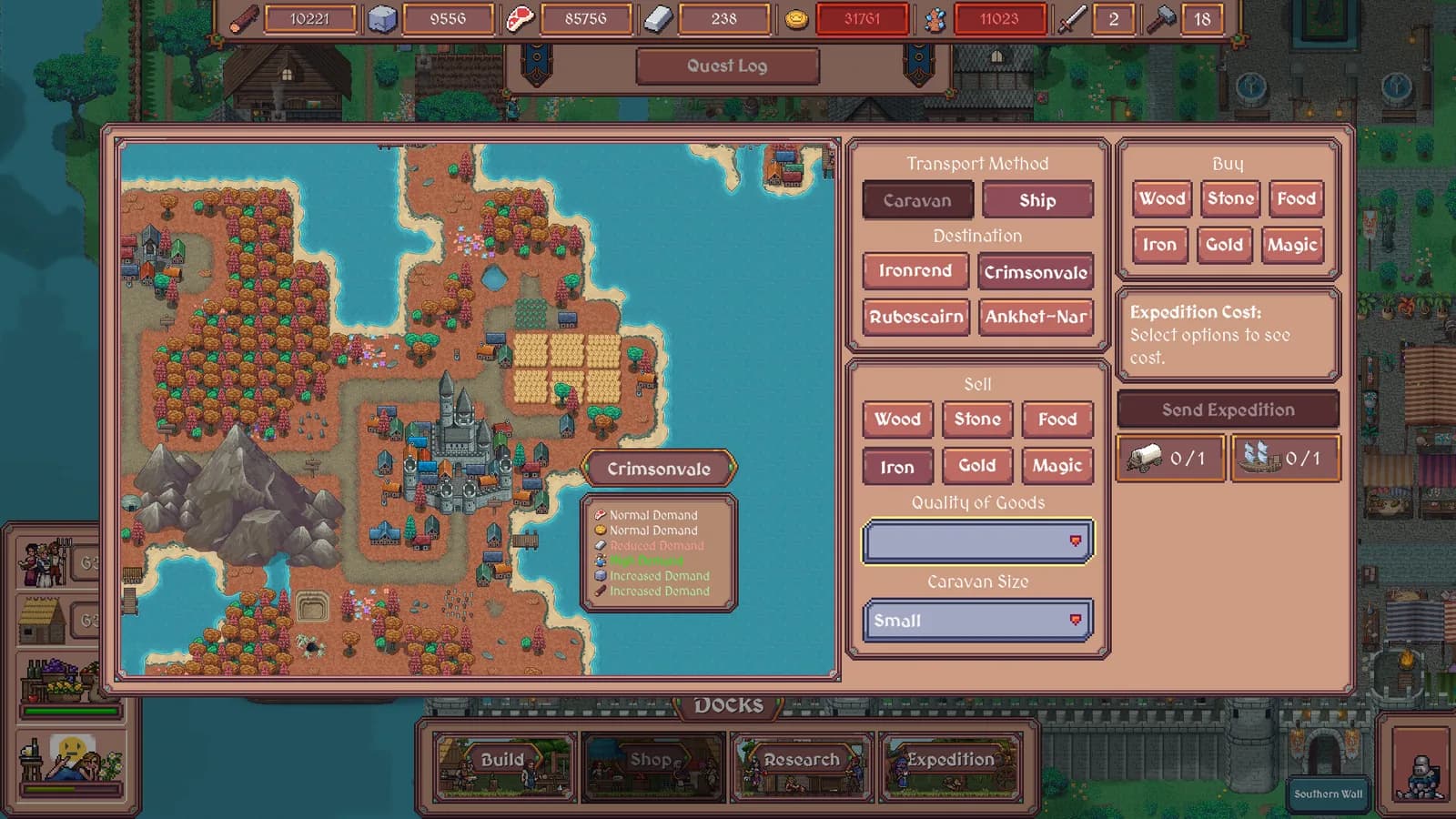 Hearth and Hamlet expedition screen showing destinations, transport methods, and trade goods